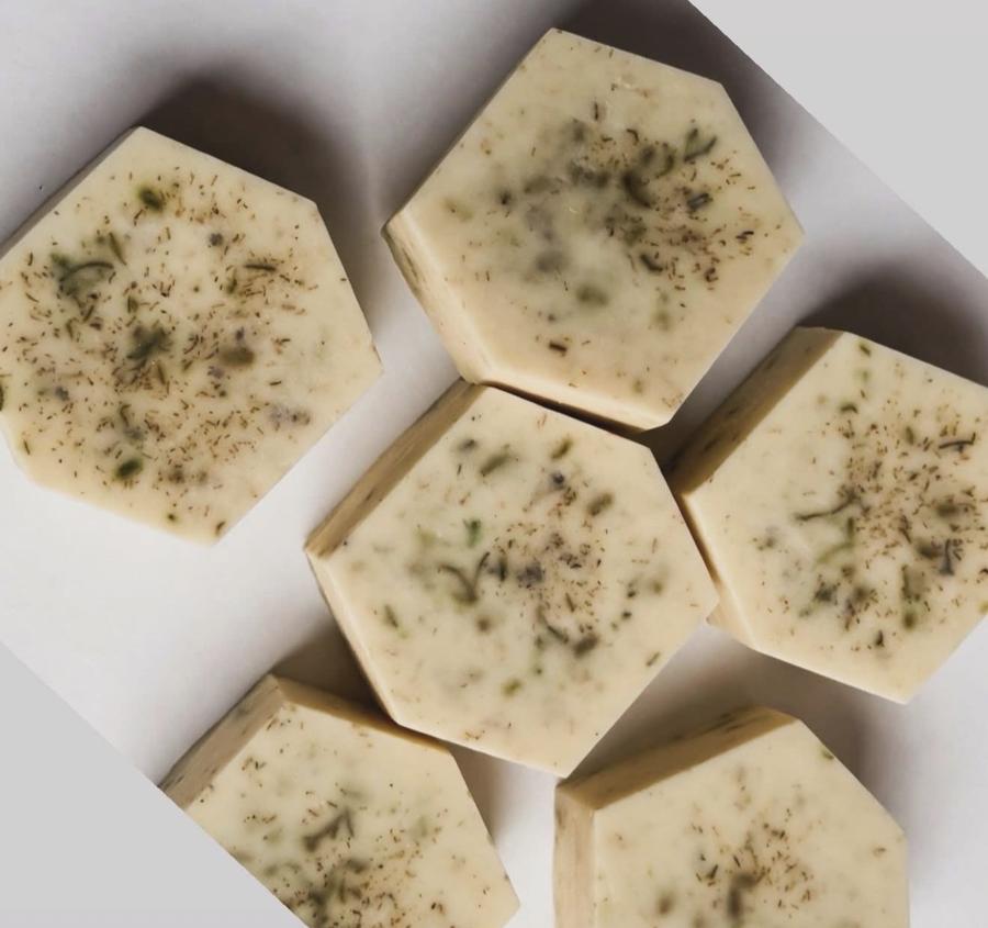 Chamomile Lavender hexagon goat milk soap bars with herb flecks